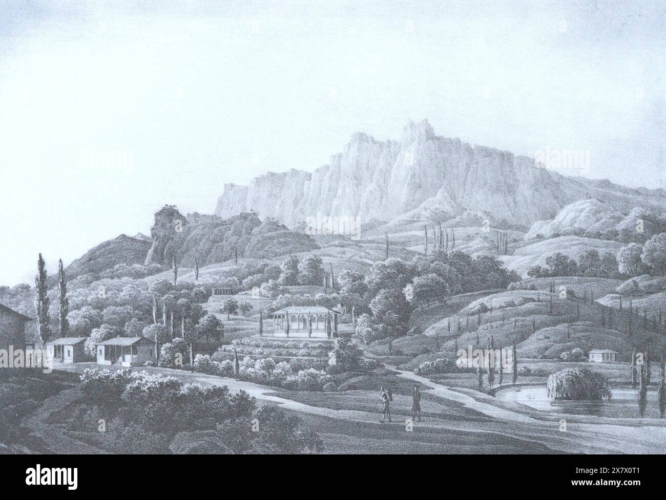 Country house of L.A. Naryshkin in Miskhor in Crimea. Engraving by Nikanor Chernetsov from the 19th century. Stock Photo
