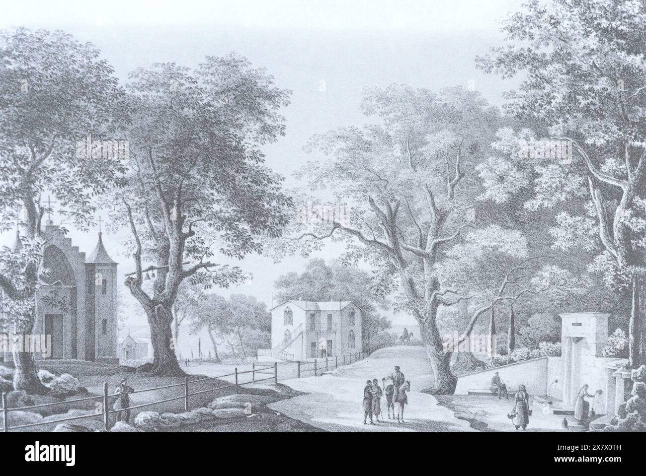 Estate of A.S. Golitsin in Koreiz in Crimea. Engraving by Nikanor Chernetsov from the 19th century. Stock Photo