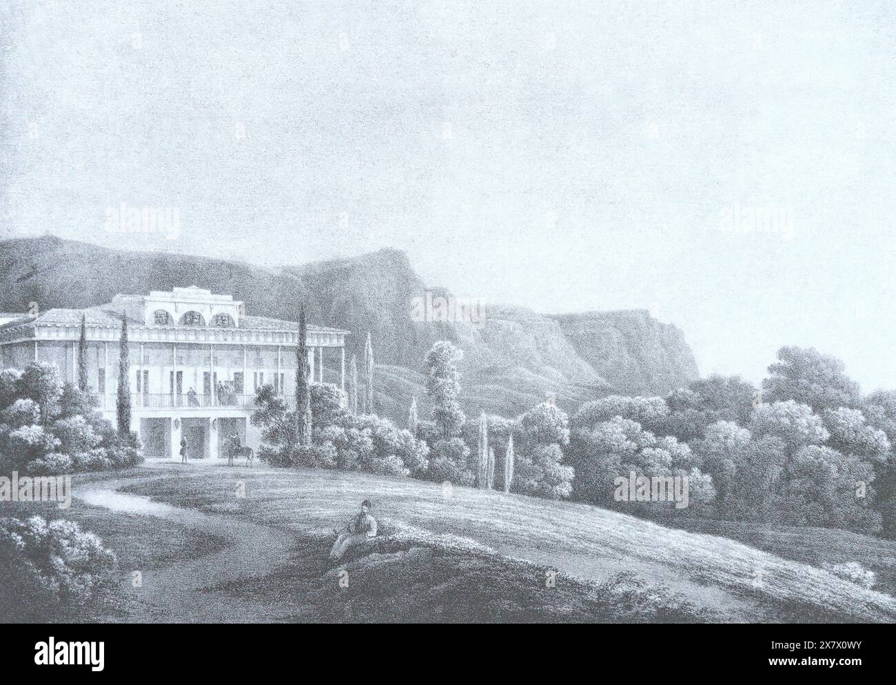 Fundukley's house in Gurzuf in Crimea. Engraving by Nikanor Chernetsov from the 19th century. Stock Photo