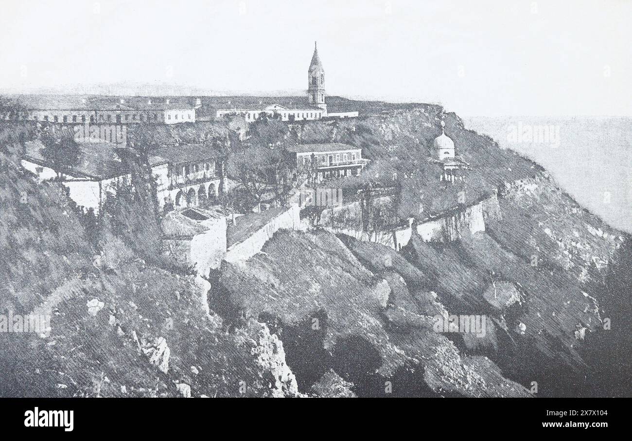 Monastery of St. George near Sevastopol in Crimea. Engraving from the 19th century. Stock Photo