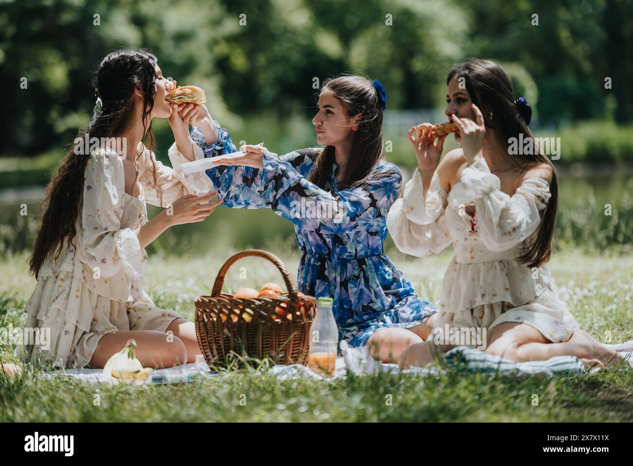 Three women in floral dresses enjoying a picnic in a sunny park with ...
