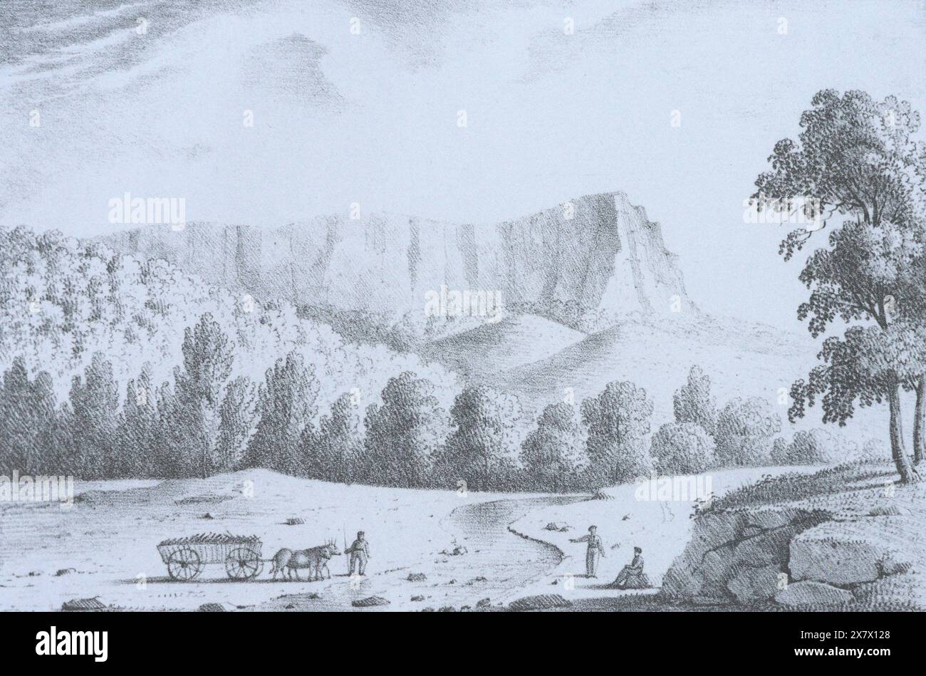View of Mount Chatyr-Dag in Crimea. Engraving by Taitbout de Marigny from the 19th century. Stock Photo