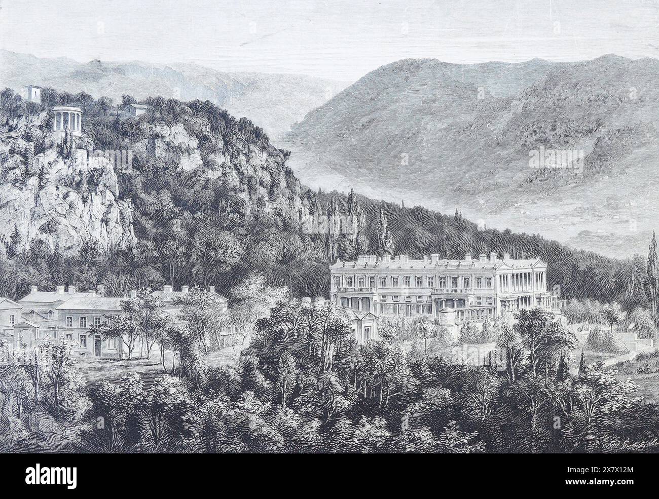 View of the palace on the Oreanda estate in Crimea. 19th century engraving. Stock Photo