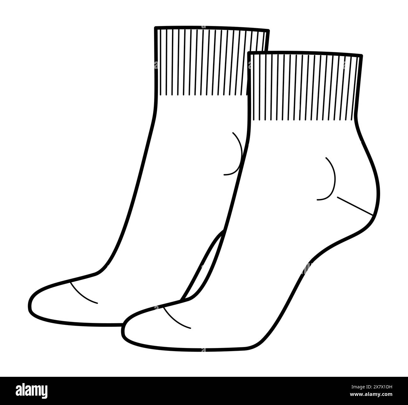 Ankle Socks women shape Technical drawing silhouette. Fashion accessory clothing technical illustration stocking. Vector side view style, flat template CAD mockup sketch outline isolated on white Stock Vector