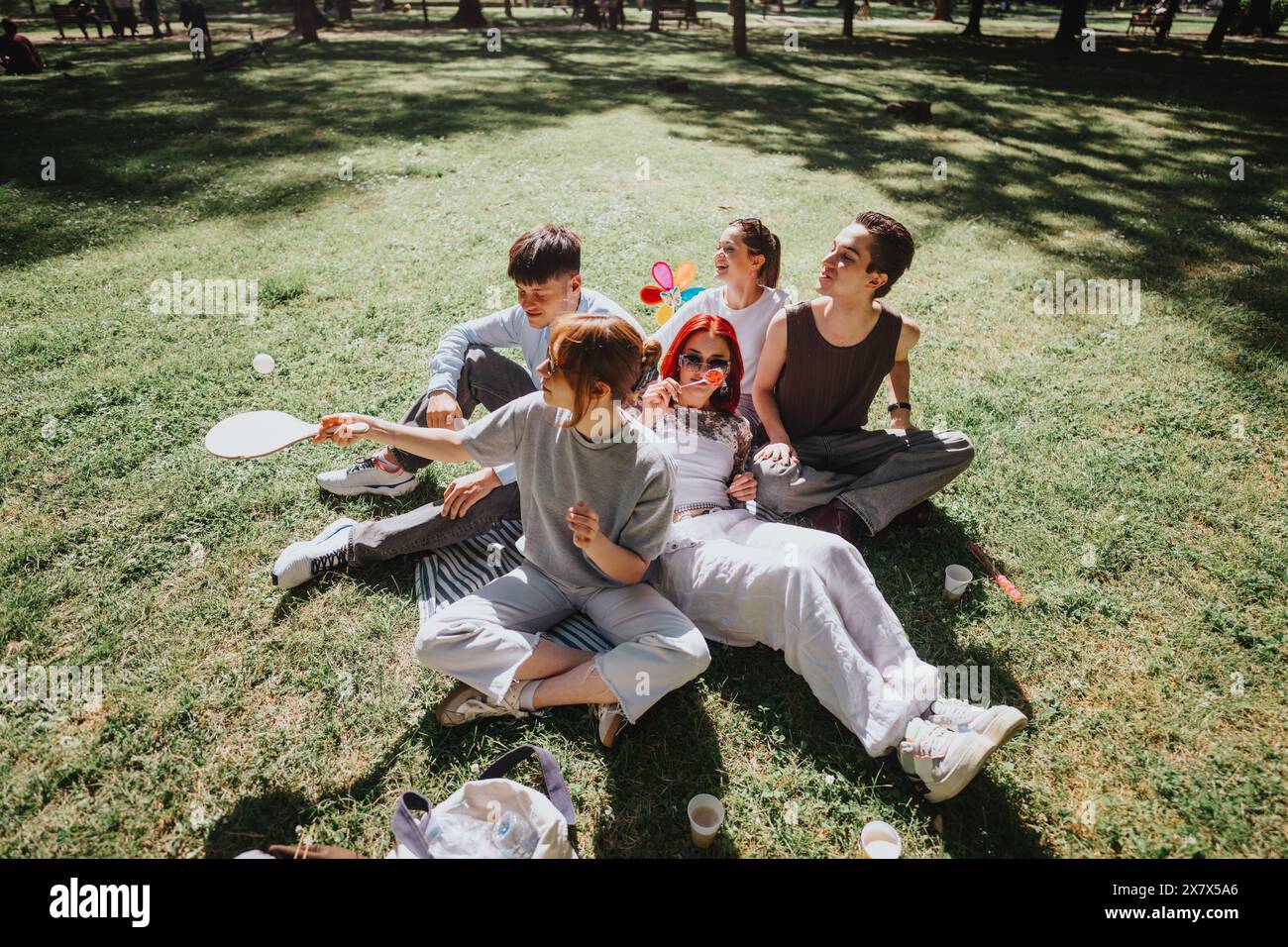 Group of young friends enjoying a summer day at the park with games and ...