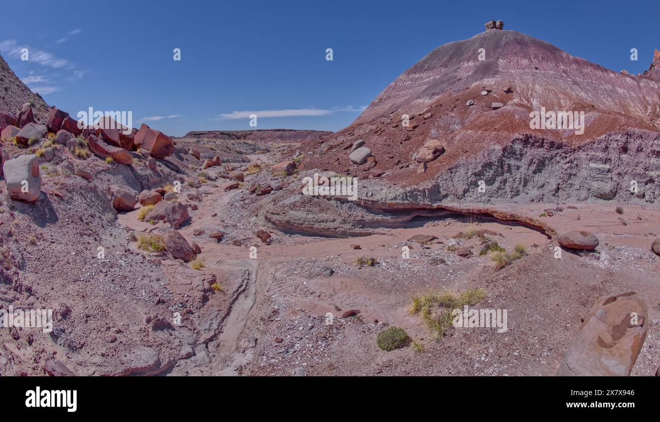 Dry creek below Crystal Butte west of Hamilili Point in Petrified Forest National Park Arizona. Stock Photo