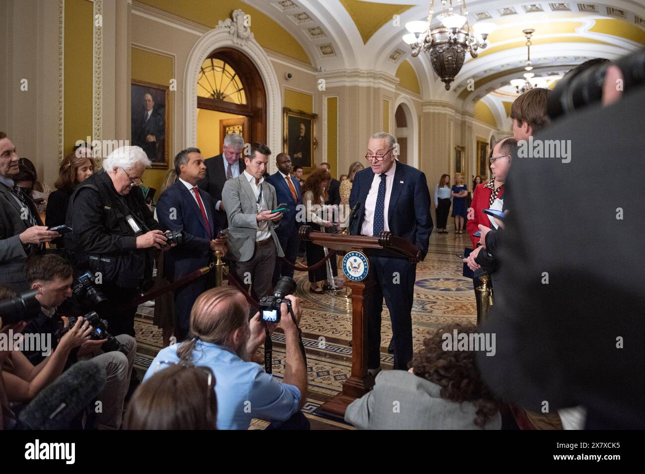 United States Senate Majority Leader Chuck Schumer (Democrat of New York) speaks at a weekly post-luncheon press conference in the US Capitol in Washington, DC on Tuesday, May 21, 2024. Credit: Annabelle Gordon/CNP /MediaPunch Stock Photo