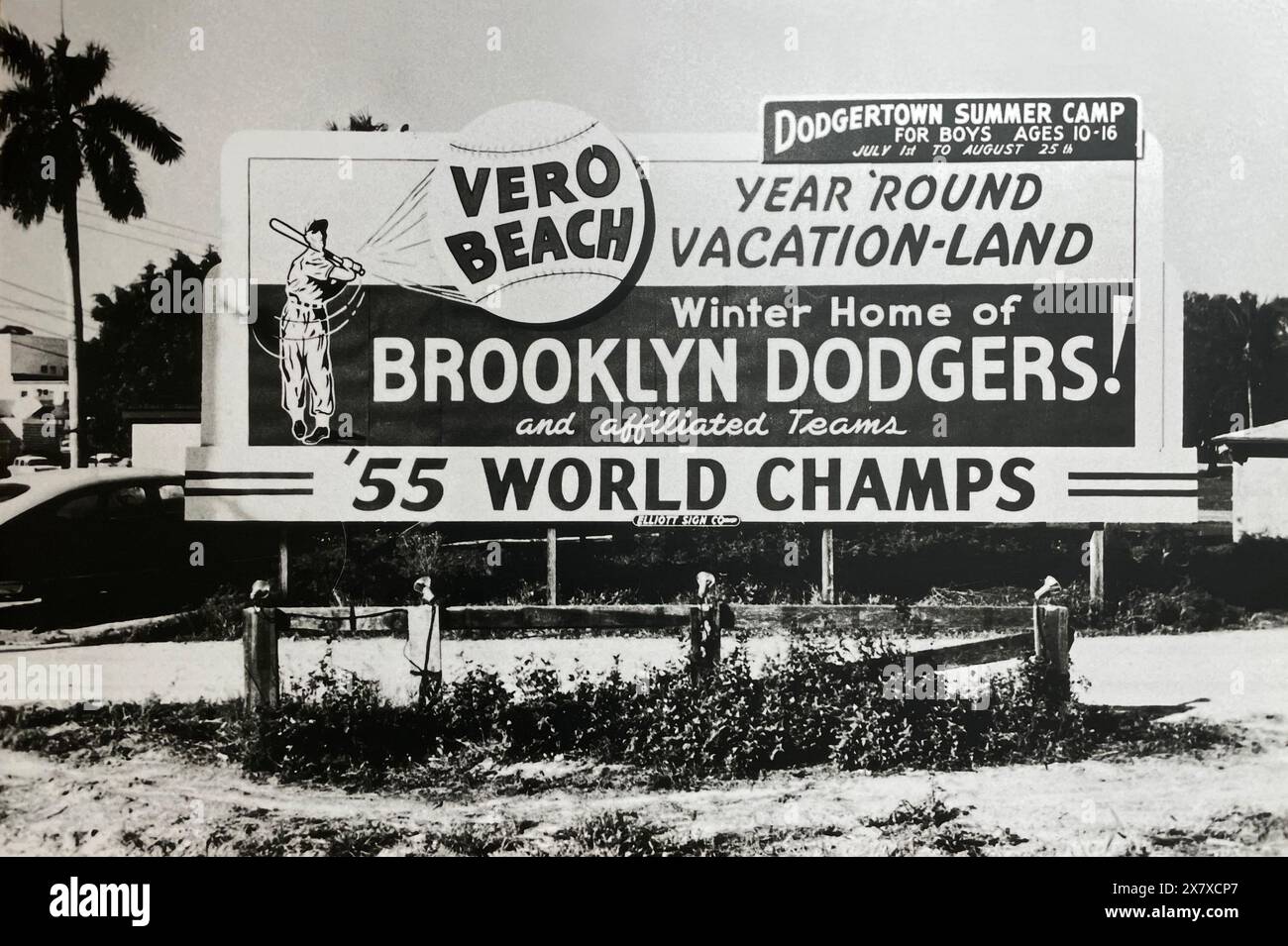 Historic and vintage photo of a billboard advertising, Dodgertown; the Spring Training baseball facility for the Brooklyn and Los Angeles Dodgers baseball team in Vero Beach; Florida; USA, Stock Photo