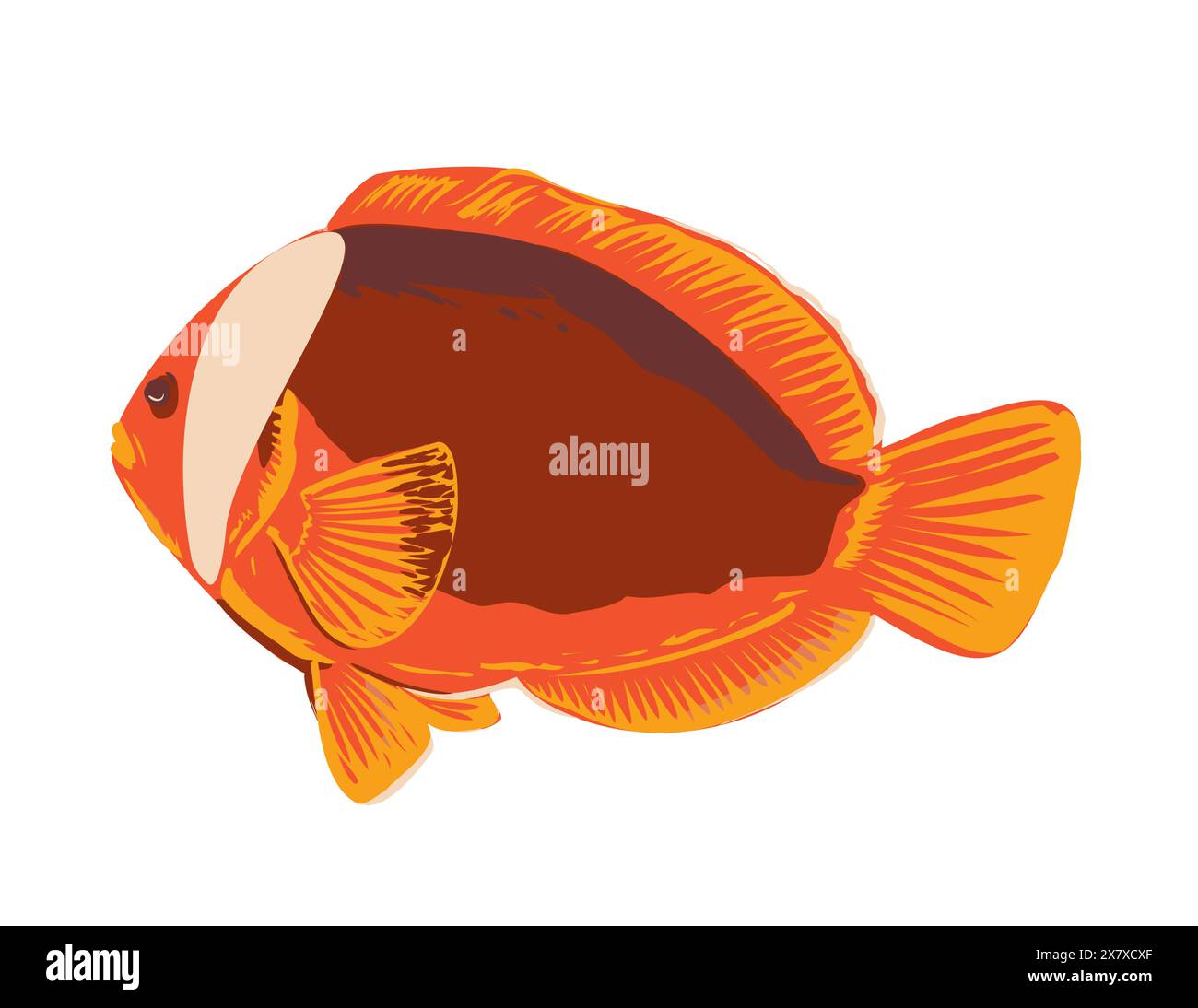 WPA poster art of red anemonefish or Australian clownfish Amphiprion rubrocinctus in the Visayan Sea located in Oslob, Cebu in the Philippines done in Stock Vector