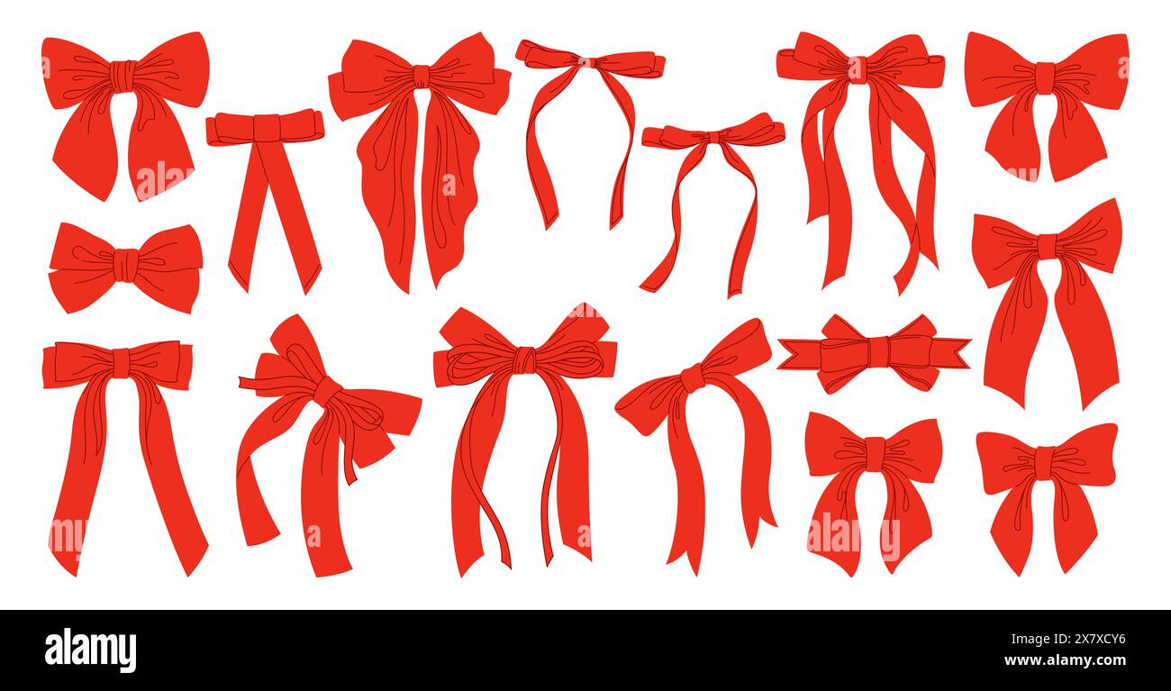Bows red ribbon hand drawn set. Trendy elegant tape icons for ...