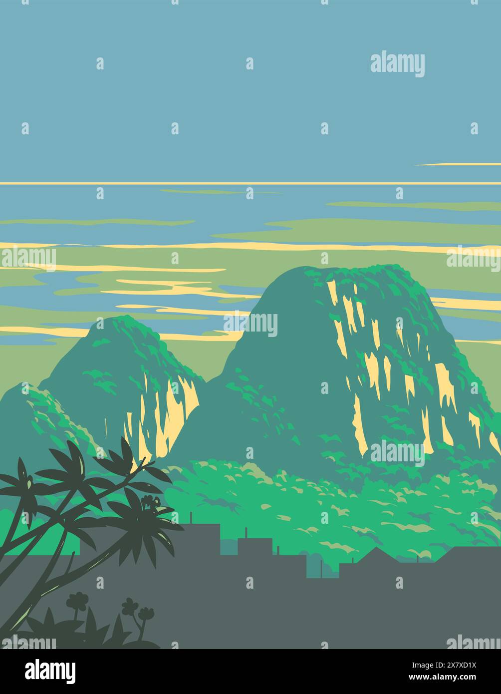 WPA poster art of Marble Mountains or five elements mountains located in Ngu Hanh Son District, south of Da Nang city in Vietnam done in works project Stock Vector