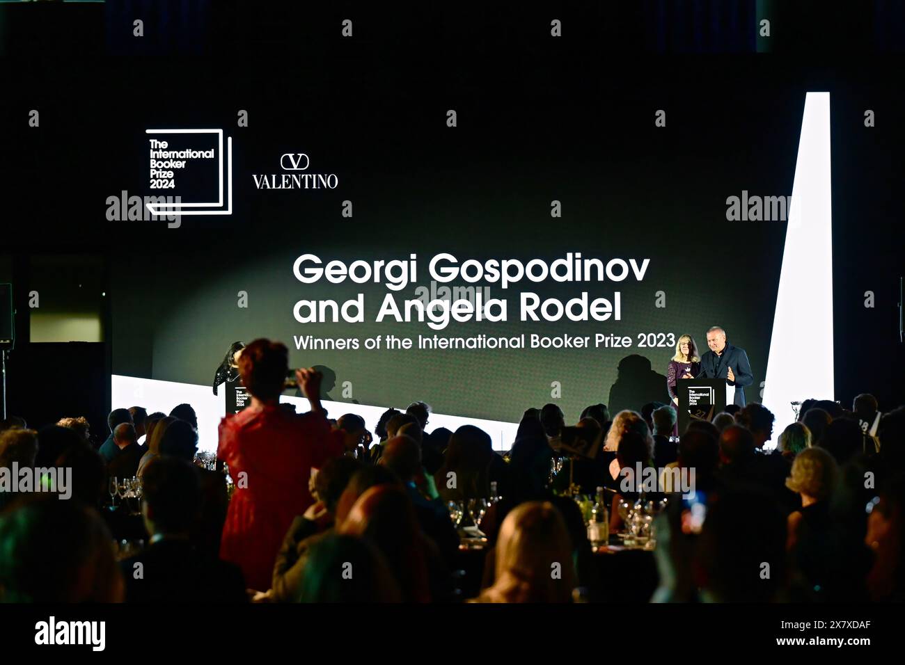 LONDON, ENGLAND - MAY 21 2024: Author Georgi Gospodinov and translator Angela Rodel, winners of the 2023 award onstage during The International Booker Prize 2024 announcement at Tate Modern in London, England. Credit: See Li/Picture Capital/Alamy Live News Stock Photo