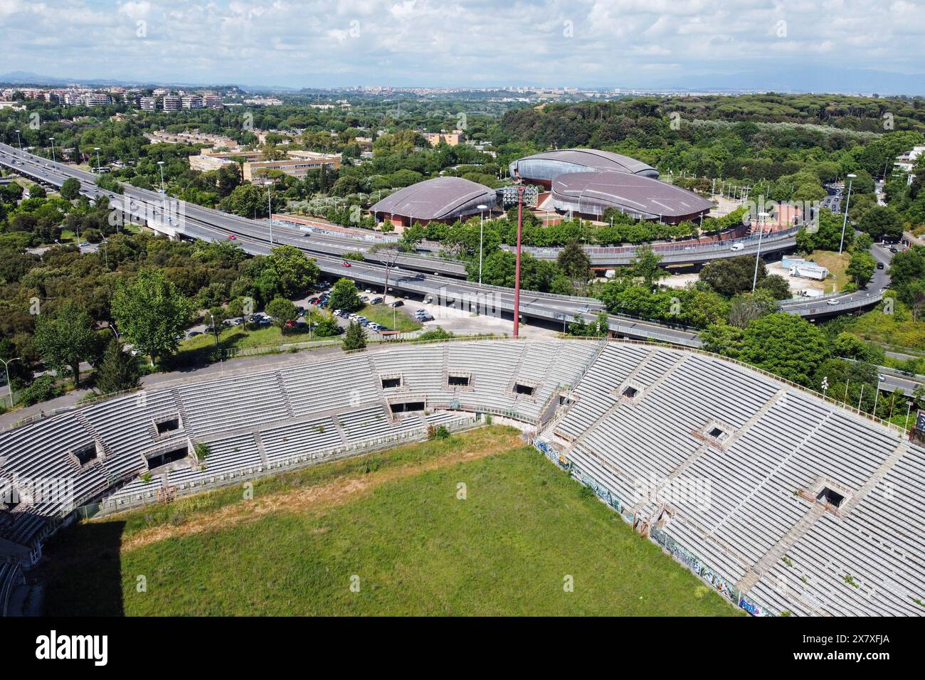 Rome, Lazio, Italy. 21st May, 2024. (EDITOR'S NOTE: Image taken by a drone) .Aerial view of Flaminio Stadium in Rome. After 13 years of abandonment, the long process for the redevelopment of the Flaminio Stadium in Rome has begun. It's a race but Lazio seems to be the favourites. An expense of 250 million euros for the next Lazio stadium: a modernization of the Flaminio which will go from 24 thousand to 50 thousand seats and new stands of the facility. (Credit Image: © Stefano Costantino/SOPA Images via ZUMA Press Wire) EDITORIAL USAGE ONLY! Not for Commercial USAGE! Stock Photo