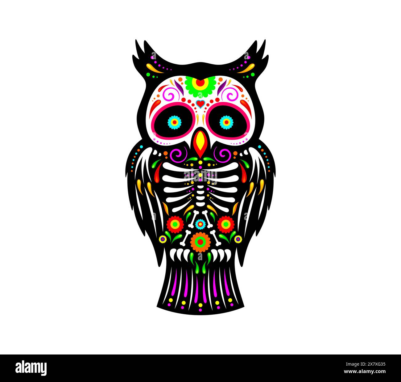 Mexican owl bird tattoo with skull, skeleton bones and floral ornament, vector symbol. Day of Dead, Dia de Los Muertos, Mexican fiesta and Halloween holiday decoration of skeleton owl for tattoo Stock Vector