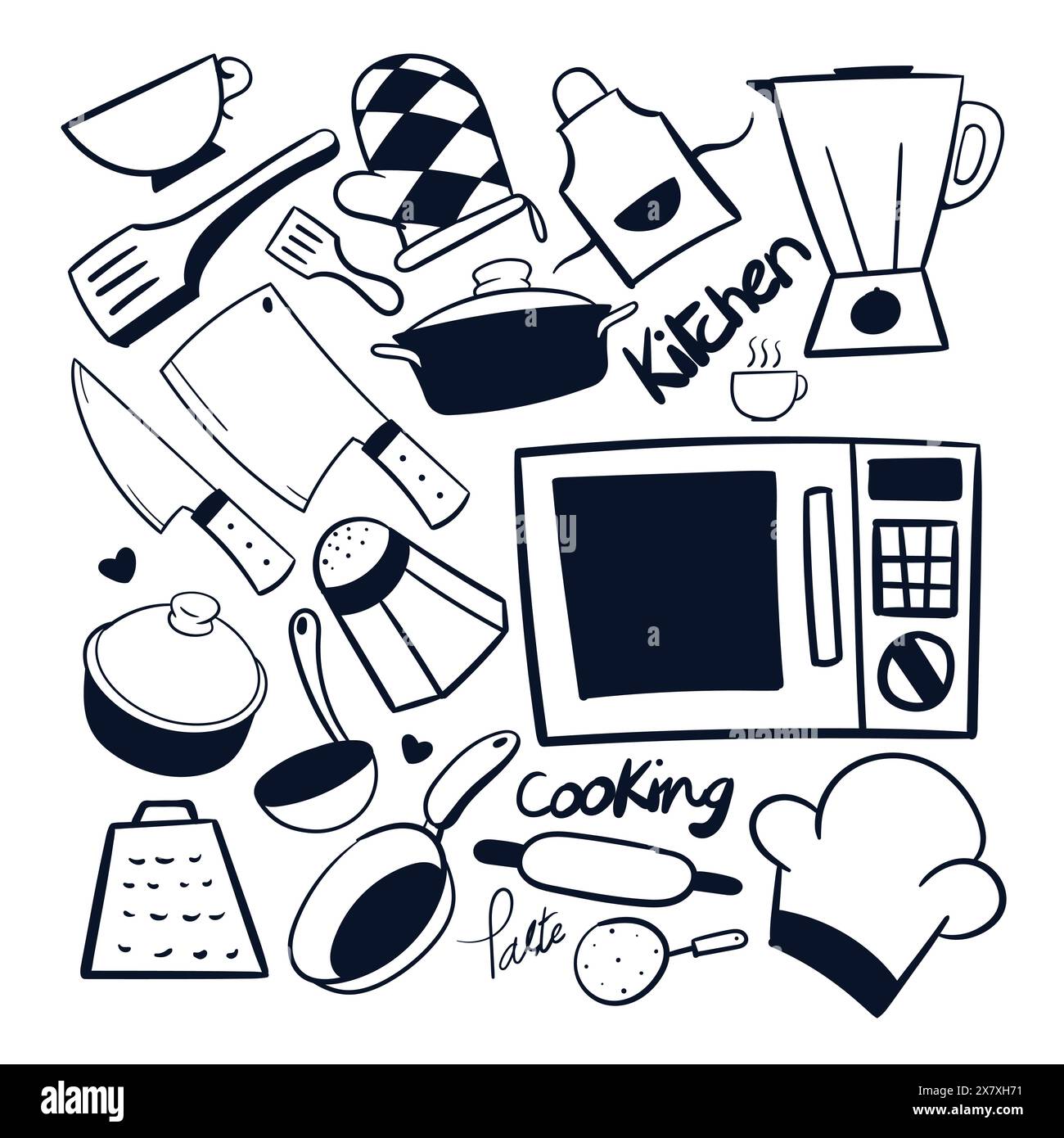 Hand drawn kitchen scribble drawing. kitchen cooking drawing vector set