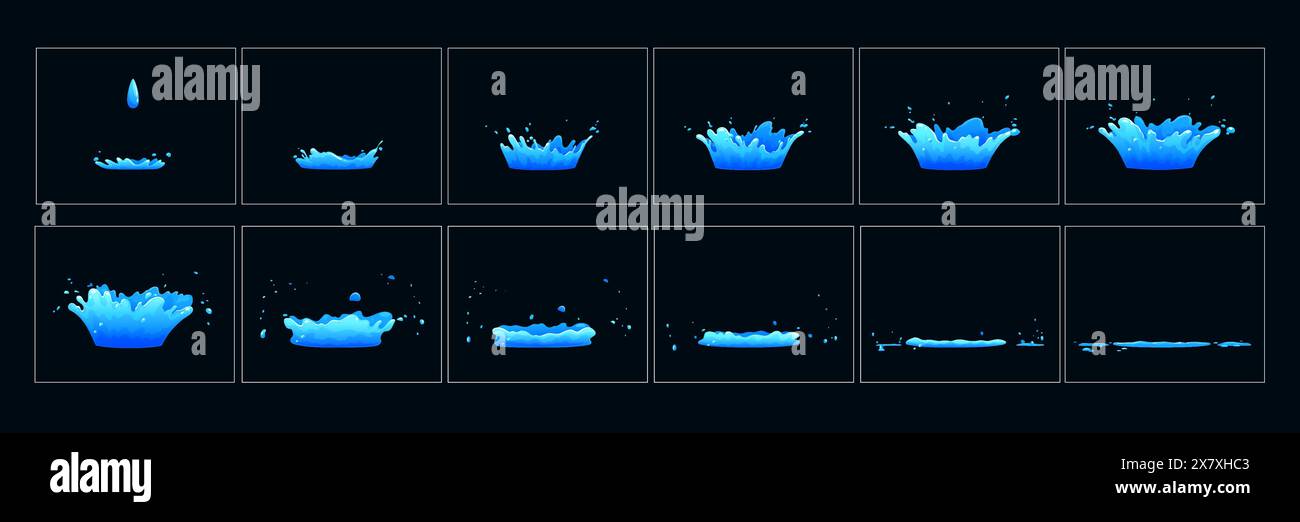 Corona water splash sprite sheet. Cartoon fluid dynamic splashing storyboard, droplets and ripples in motion. Vector VFX sequence frame of liquid crown aqua splatters for animation and visual effects Stock Vector