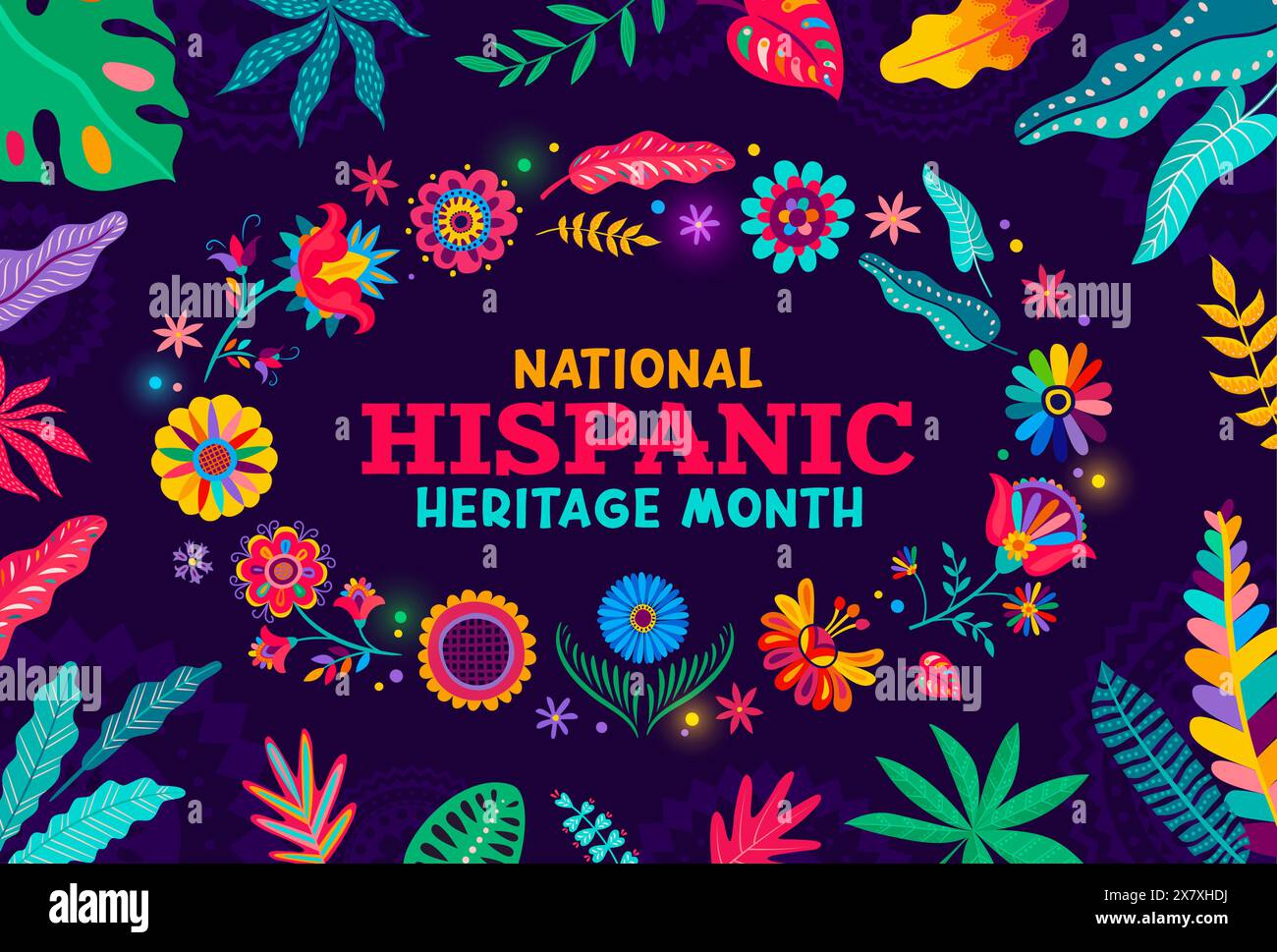 Tropical flowers and plants, national Hispanic heritage month banner, vector Latin art background. Hispanic Americans culture holiday or festival of tradition with ethnic floral huichol ornament Stock Vector