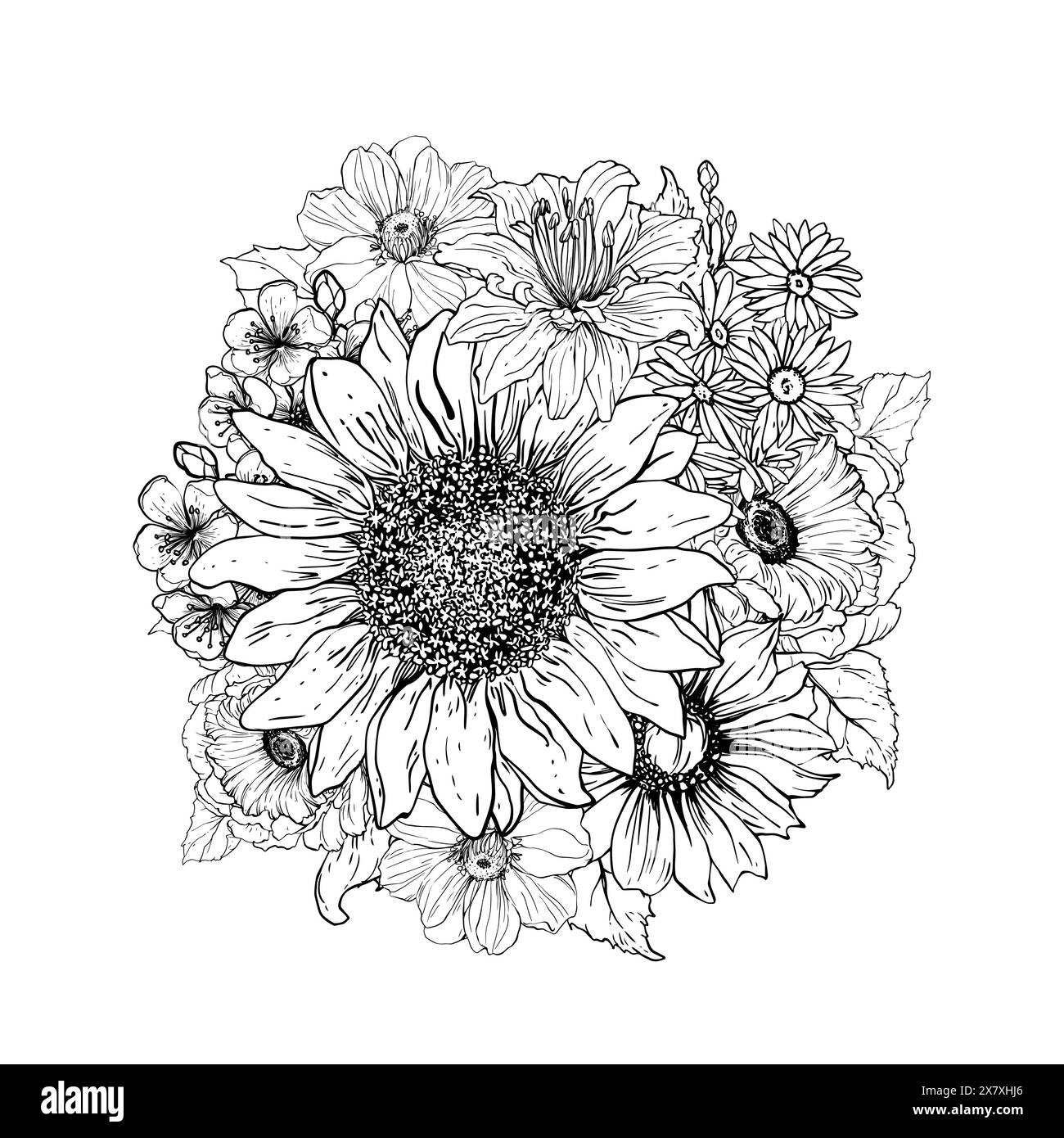 Flower bouquet mandala, vector linear coloring book, sunflower sketch, field plants. Meditative art therapy for adults. Illustration on a white backgr Stock Vector
