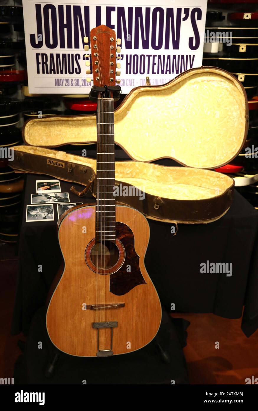 New York, New York, USA. 21st May, 2024. John Lennon's Lost 1965 ''˜HELP!' Framus 12-String Hootenanny Acoustic Guitar Found in an Attic After 50 Years, estimate $600,000-$800,000, seen during the ''˜Music Icons' Julien's Auctions press preview held at the Hard Rock Cafe. (Credit Image: © Nancy Kaszerman/ZUMA Press Wire) EDITORIAL USAGE ONLY! Not for Commercial USAGE! Stock Photo
