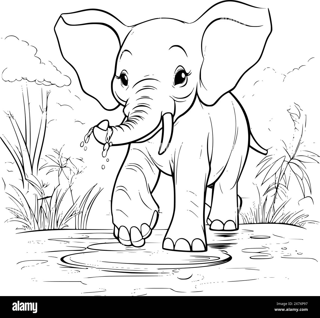 Elephant Playing In Water Coloring Page For Kids Stock Vector
