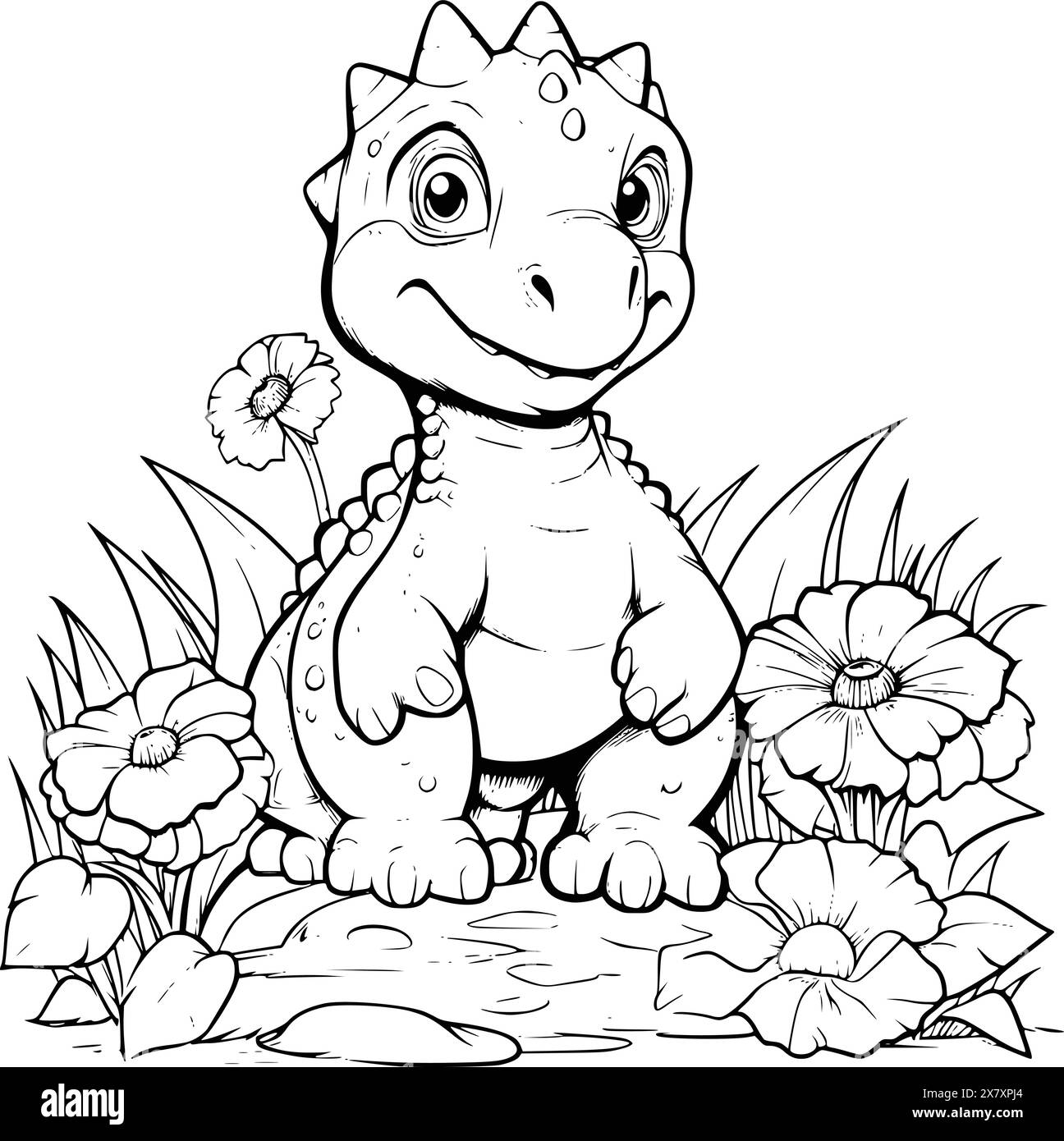 Dinosaur With A Flower Coloring Page For Kids Stock Vector