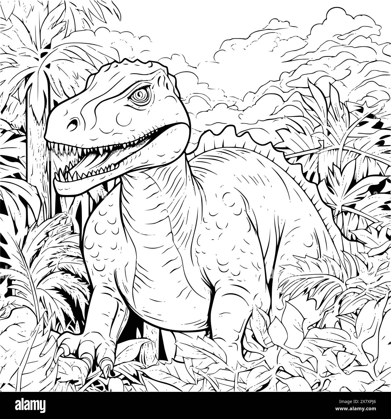 Dinosaur In A Jungle Coloring Page For Kids Stock Vector