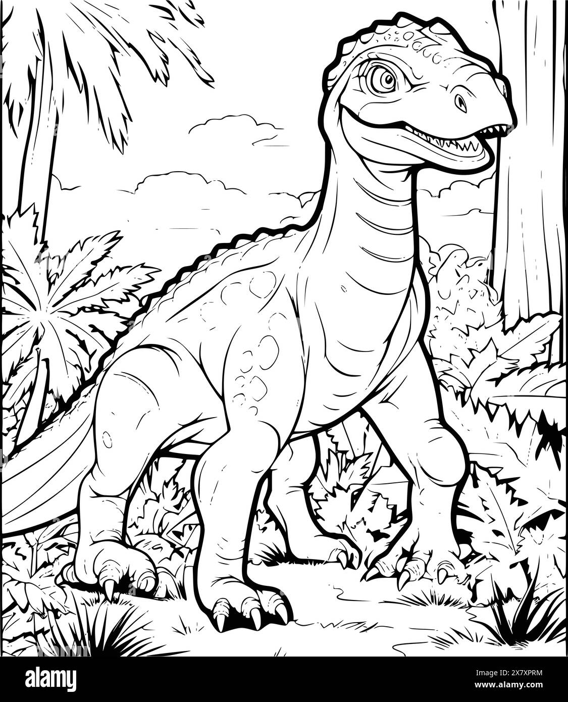 Dinosaur In A Jungle Coloring Page For Kids Stock Vector