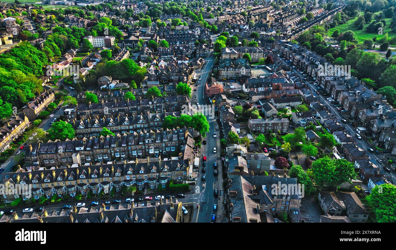 Aerial view of a residential neighborhood with rows of houses, green ...
