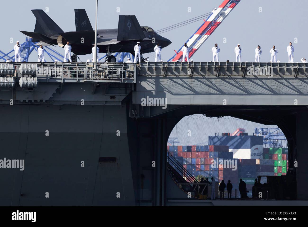 Los Angeles, USA. 21st May, 2024. The USS Carl Vinson (CVN-70), an aircraft carrier, arrives at the Port of Los Angeles to kick off LA Fleet Week. 5/21/2024 Los Angeles, CA, USA (Photo by Ted Soqui/SIPA USA) Credit: Sipa USA/Alamy Live News Stock Photo