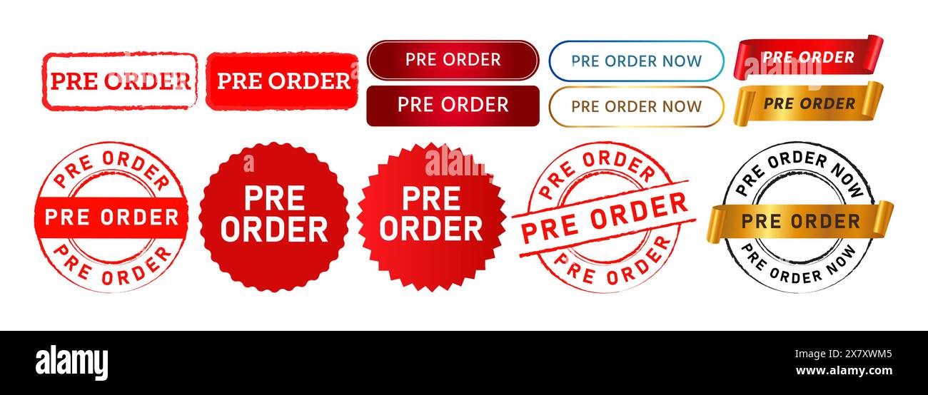 pre order rubber stamp button ribbon and labels ticket sign for business marketing promotion sale Stock Vector