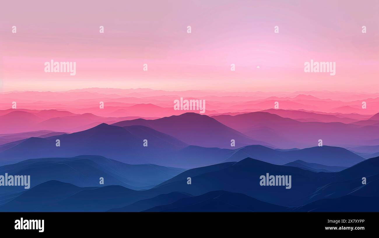 Abstract mountain landscape in dark tones with pink and purple gradient sky, evoking twilight Stock Photo