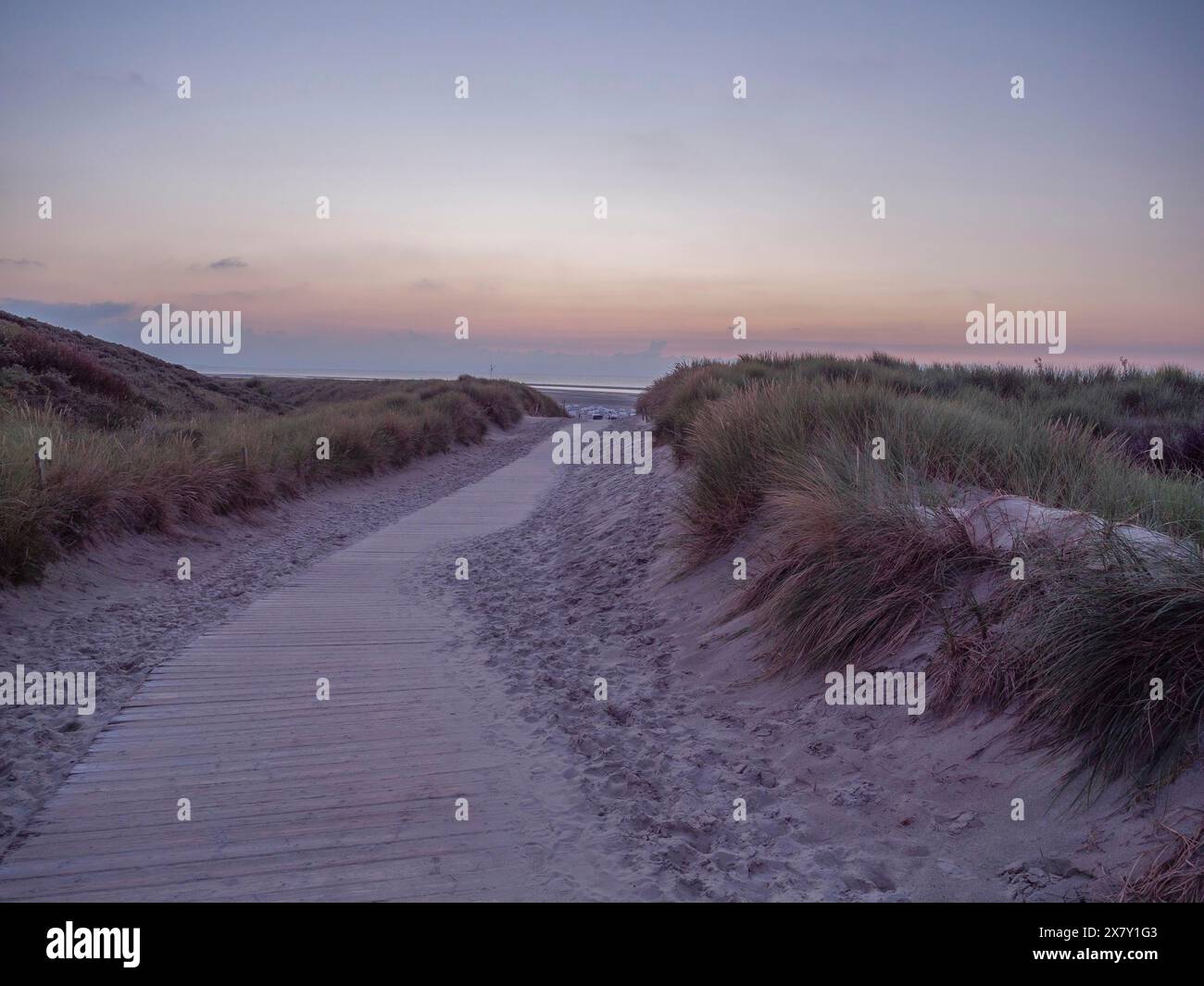 Wooden path through sand dunes at sunset, leading to the sea under a ...