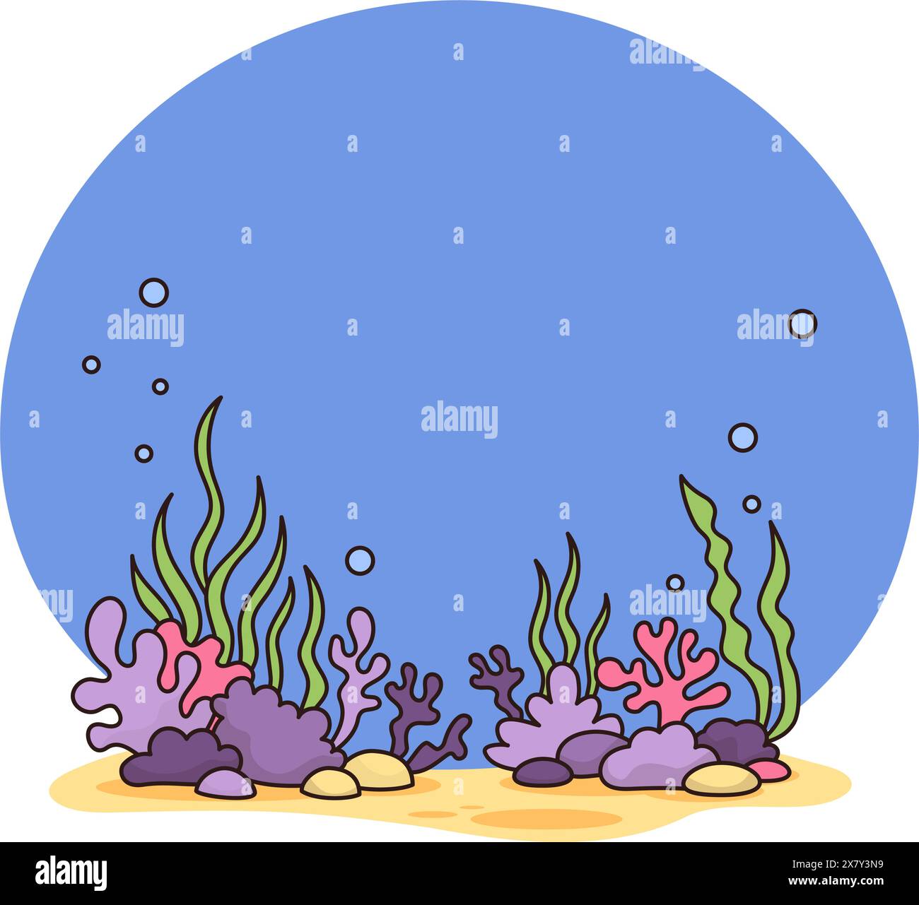 Landscape underwater bottom with algae, corals and sand on blue ...