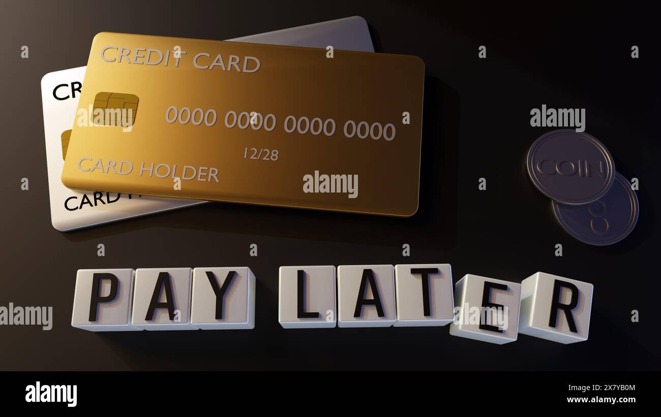 A 3D rendering of the phrase 'Pay Later' written on cube shapes, and credit cards Stock Photo