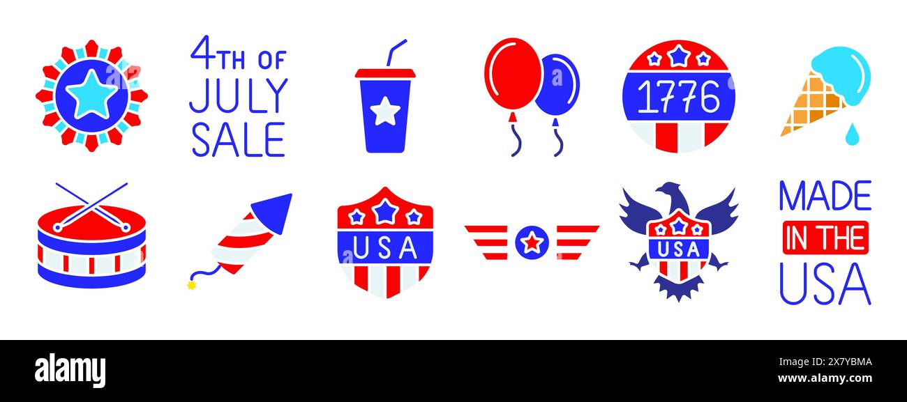 4th of July set icon. Drum, rocket, USA shield, balloons, eagle ...