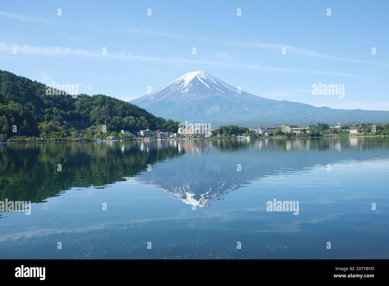 the reflection of Mt fuji in lake kawaguchi Stock Photo