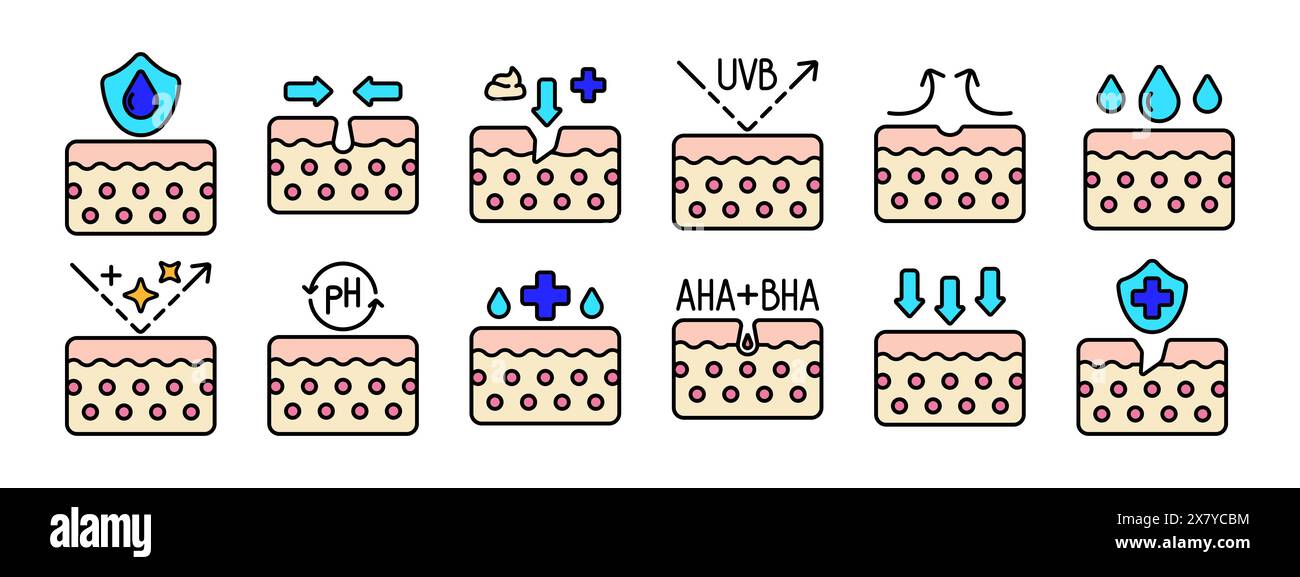 Skin care set icon. Hydration shield, exfoliation, UVB protection ...