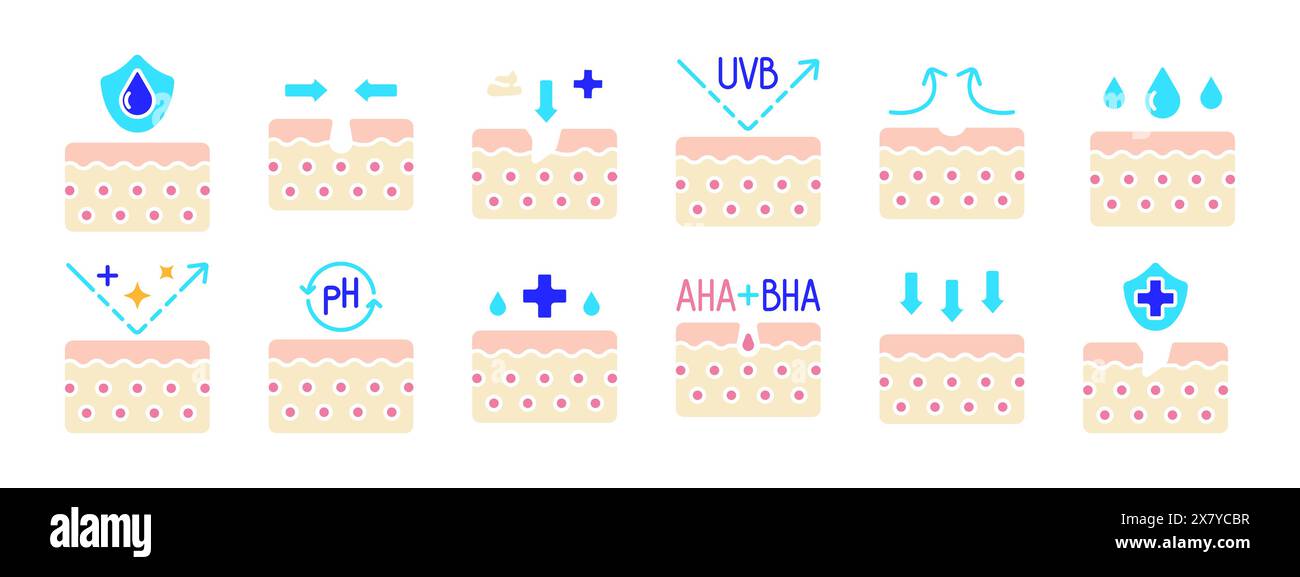 Skin set icon. Hydration shield, exfoliation, UVB protection, soothing ...