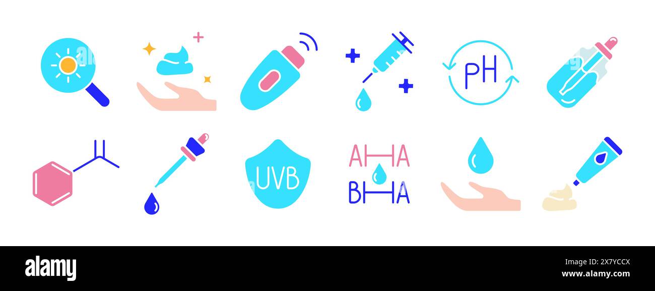 Skincare set icon. Magnifying glass, lotion, sunscreen, syringe, pH ...
