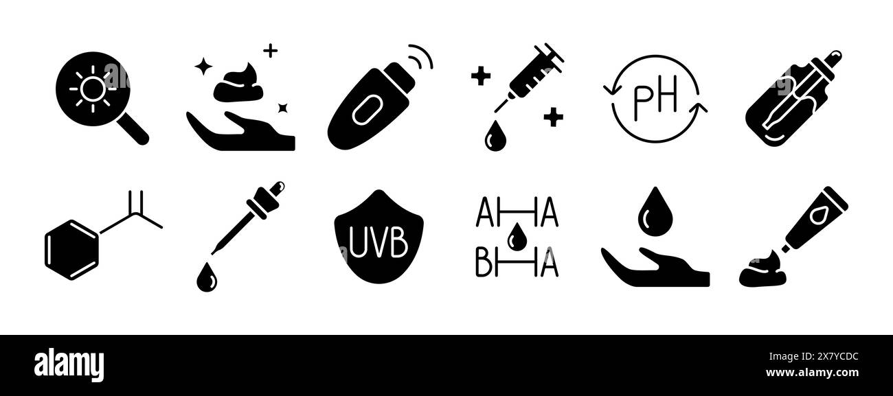 Skincare set icon. Magnifying glass, lotion, sunscreen, syringe, pH ...