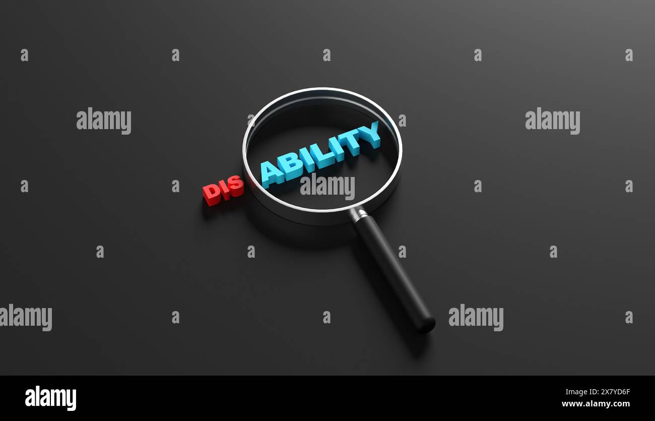 Understanding the ability in disability. Ability, disability and diversity. Magnifying glass magnifies the ability part of the word disability on blac Stock Photo