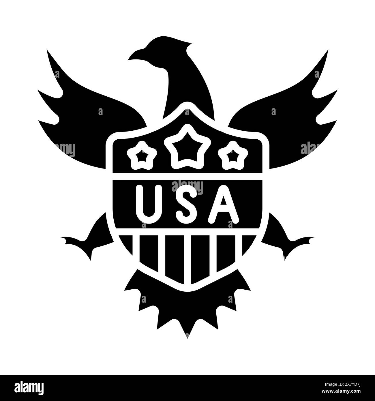 USA emblem icon. American eagle with wings spread, shield with stars and stripes, text USA