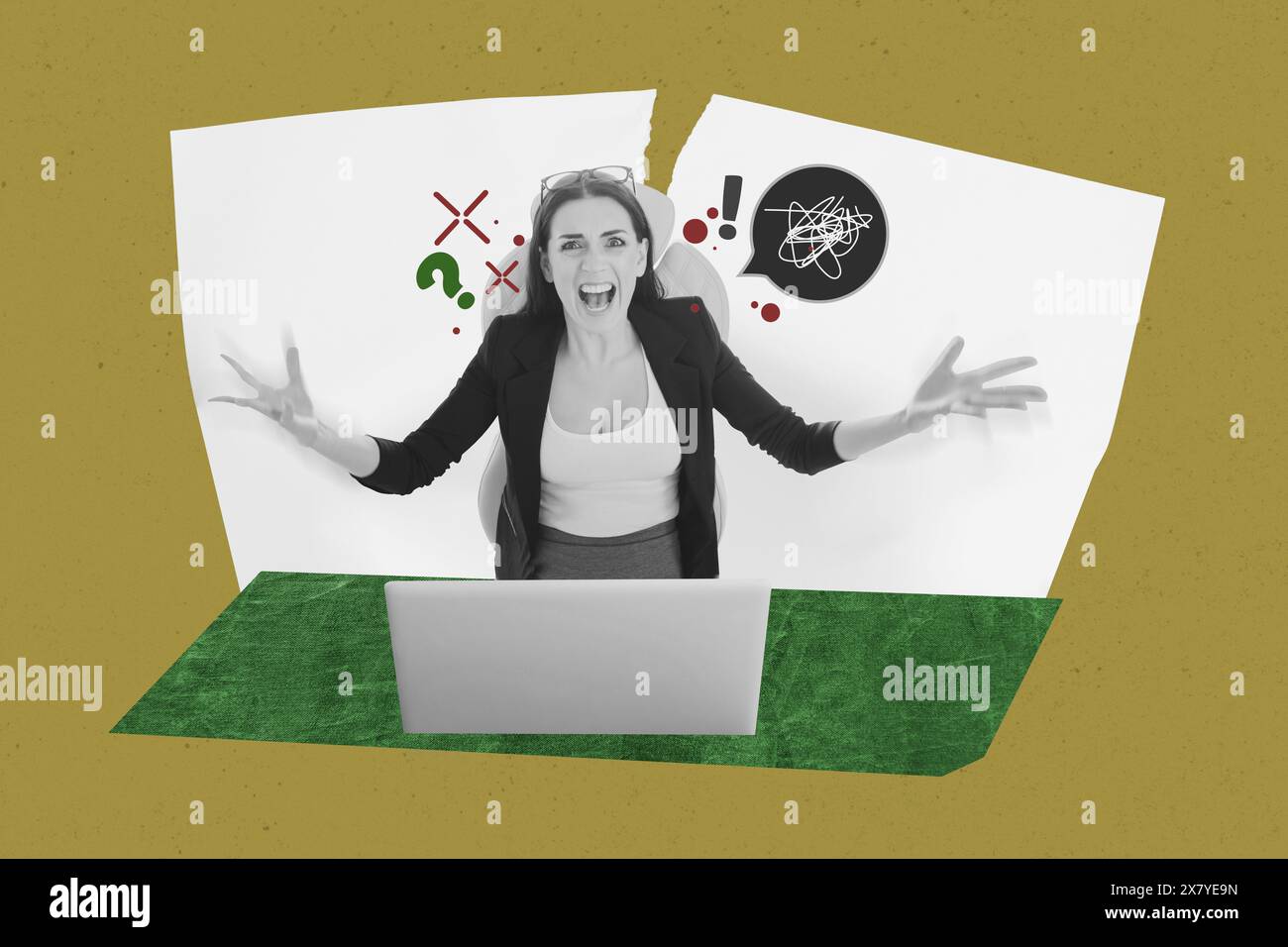 Composite photo collage of angry bossy businesswoman sit office table ...