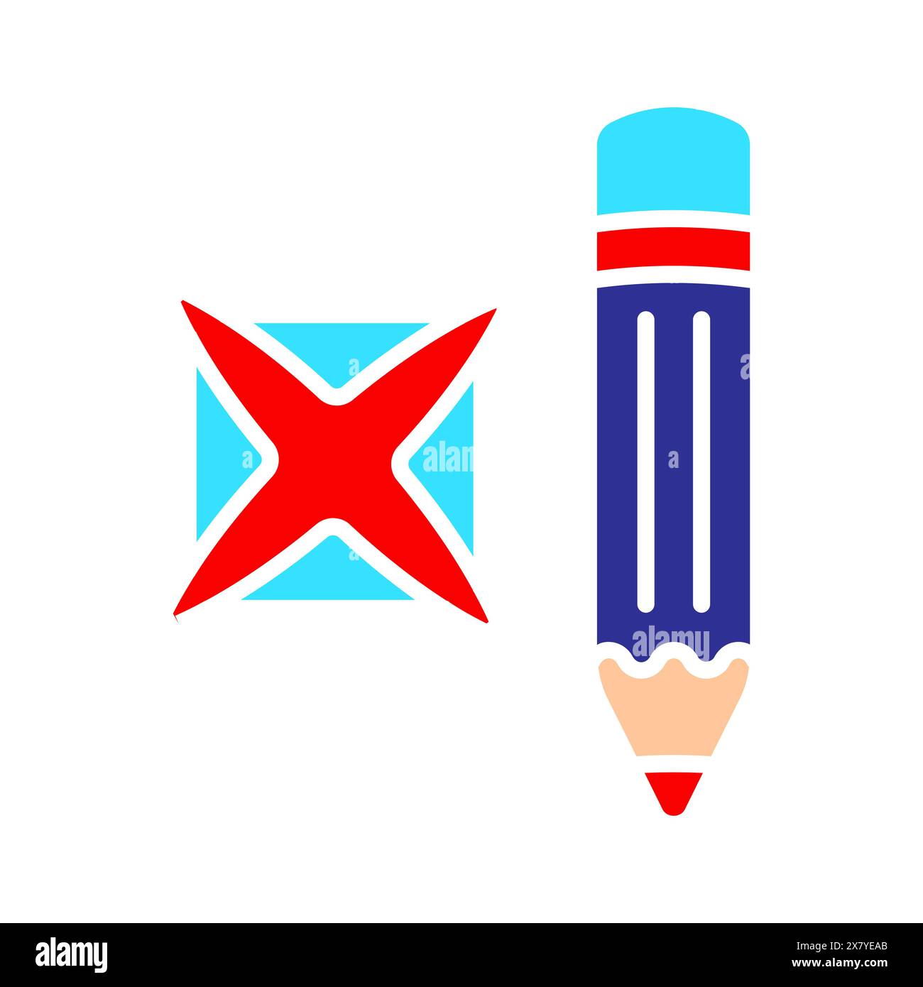 Pencil with a cross and a tick. Elections, check stamps, voting, candidate, voter, polling station, president, parliament, debate, election campaign. Stock Vector