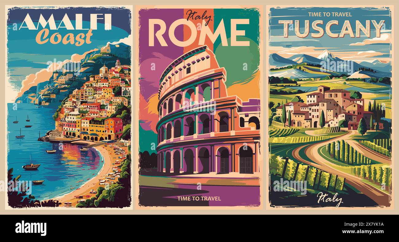 Set of Italy Travel Posters in retro style. Stock Vector