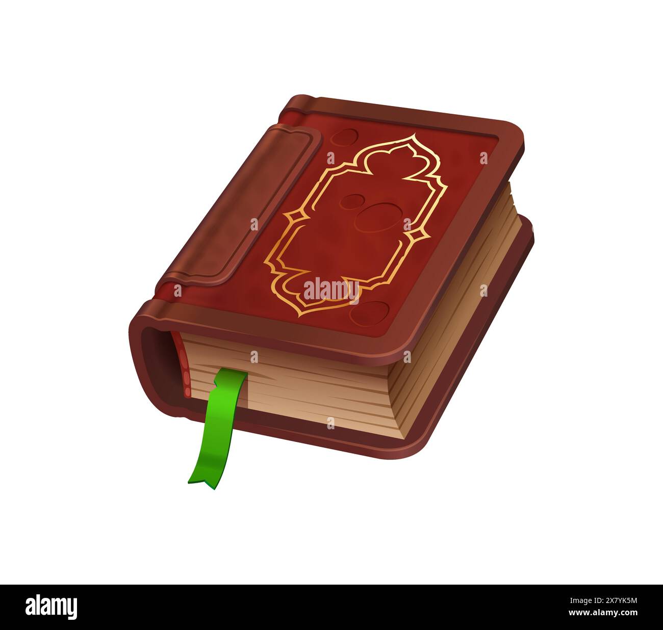 Game book, isolated cartoon vector wizard or sorcerer grimoire, witch diary, recipes or knowledge. Closed spell game book bound in brown old leather cover with golden decor and green sticking bookmark Stock Vector