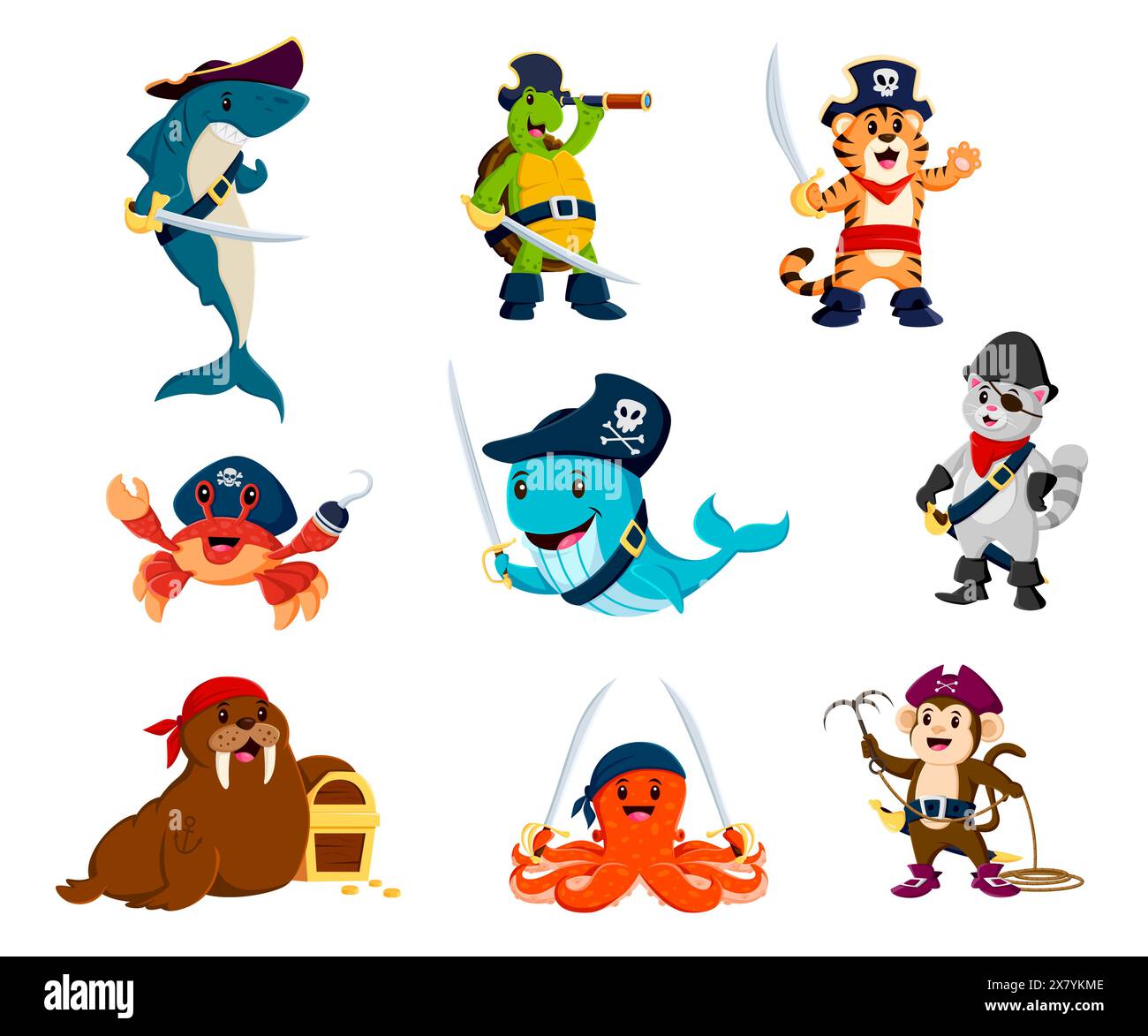 Cartoon funny sea pirate animal characters, captain and corsairs, vector sailors. Caribbean pirate animals, shark in tricorne hat, turtle buccaneer an Stock Vector