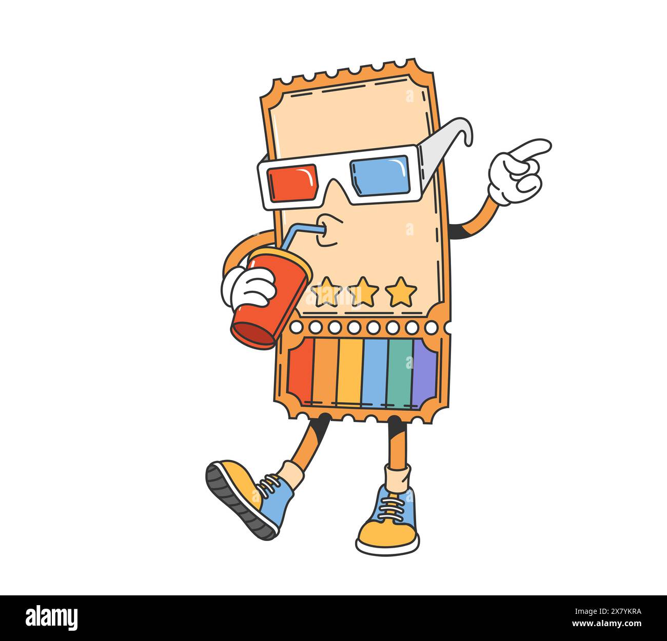 Groovy movie cinema ticket character. Isolated cartoon vector quirky personage styled with 3d glasses and stars, holding a soda, and wearing trendy vintage sneakers, emanating a cool and hippie vibe Stock Vector