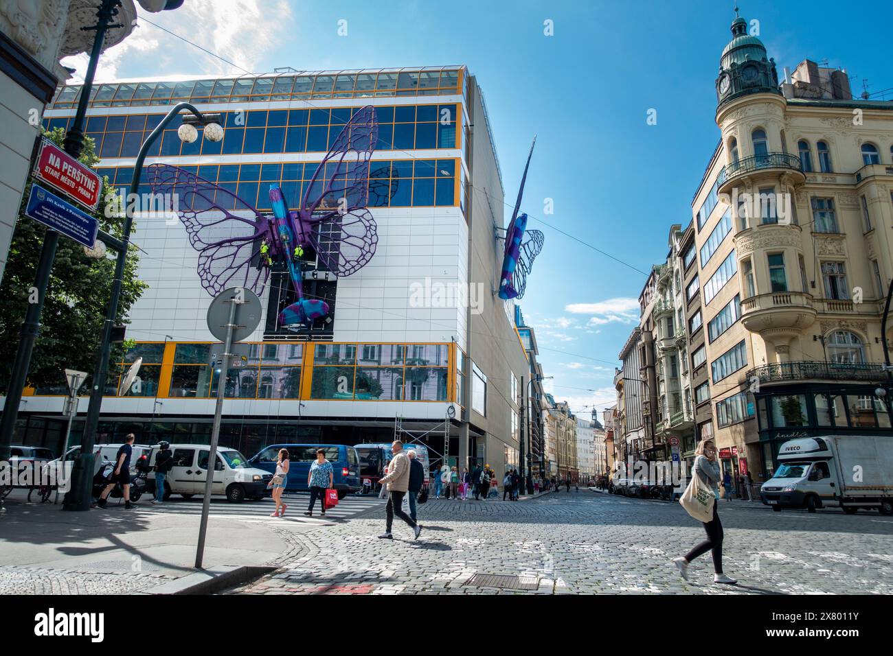 Installation of artworks on the facade of renovated Maj department store continues on May 20, 2024, Prague, Czech Republic. The author of two several- Stock Photo