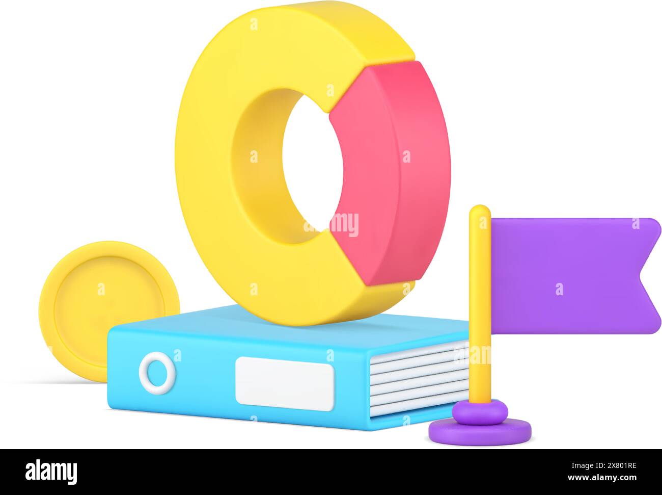Analyzing company working checking profit with folder documents and rounded graph marking flag 3d icon isometric vector illustration. Planning brainst Stock Vector